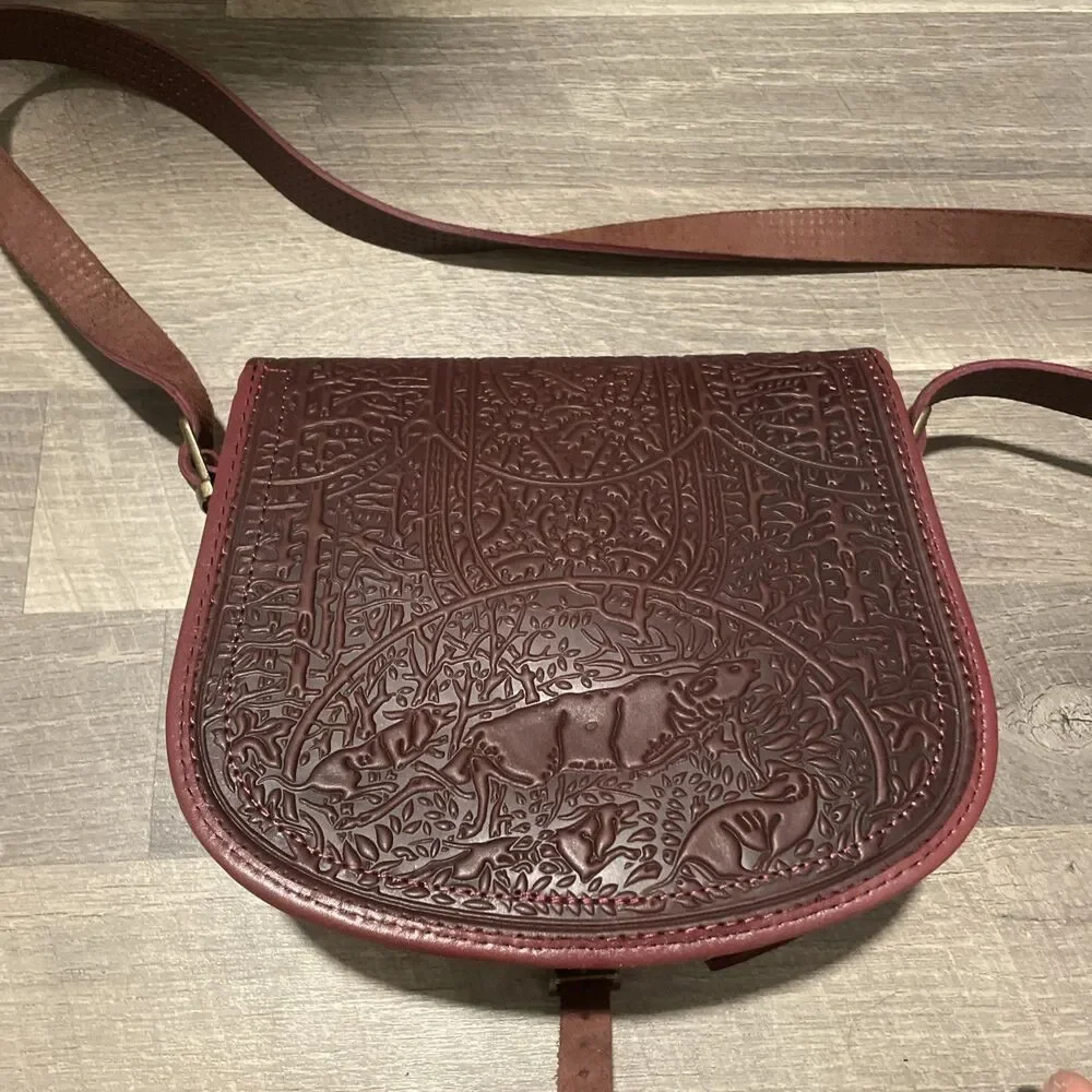 Handmade Tooled Leather Crossbody Bag Brown Embossed Saddle Bag Western Boho